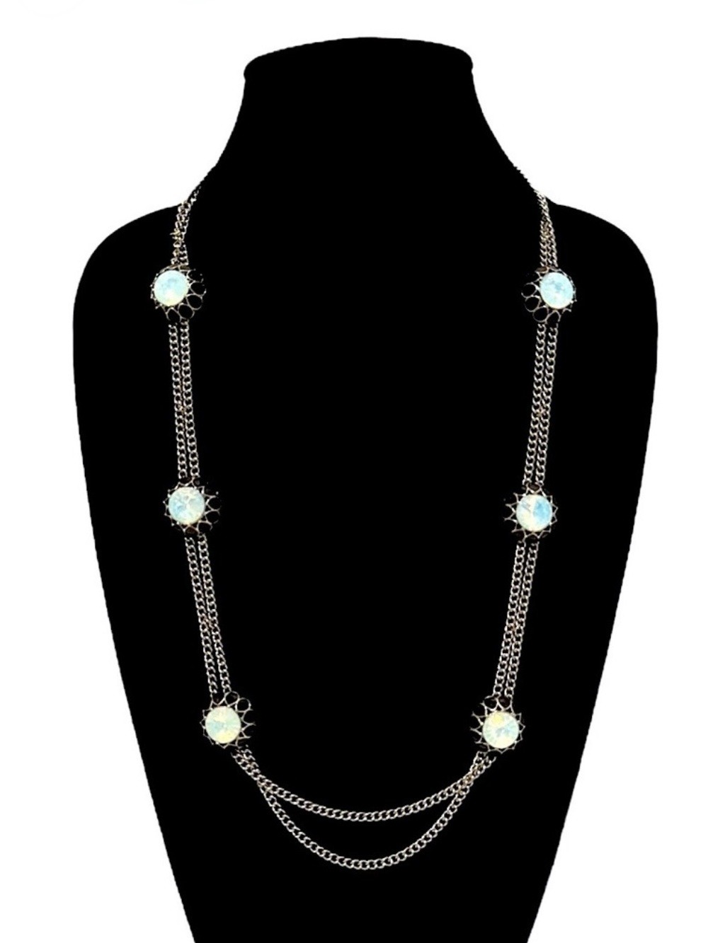 TALBOTS | Modern Black Enamel & Opalite Flower Silver Station Necklace | NEW
